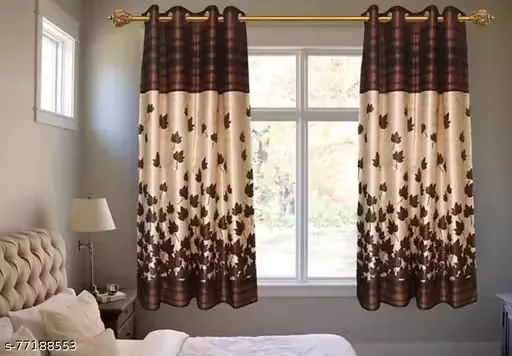 Sirjanhaar Present Bright Brown Leaf Pannel 2 Piece Mapple Eyelet Polyester Window Curtains (Pack of 2) Coffee